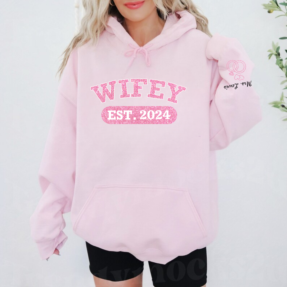 Personalized Wifey Hoodie Sweatshirt - Pink Glitter Edition