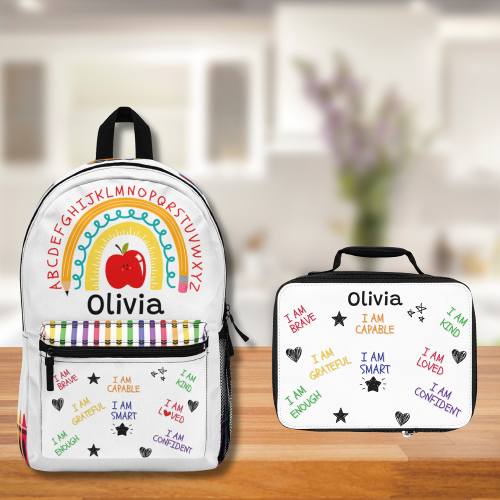 Personalized Kids Affirmation Pencil Rainbow Backpack Lunch Box Pencil Pouch Bundle