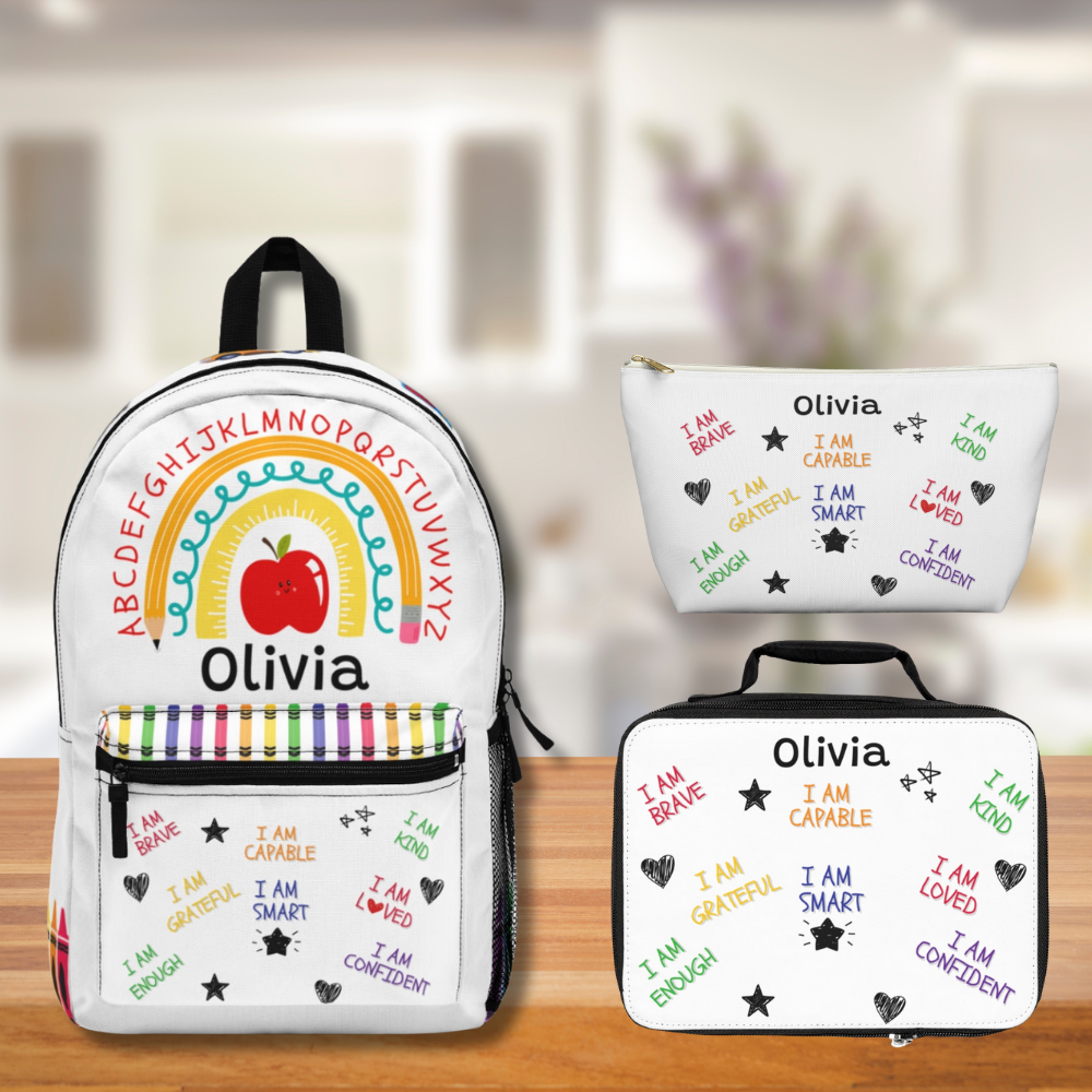 Personalized Kids Affirmation Pencil Rainbow Backpack Lunch Box Pencil Pouch Bundle