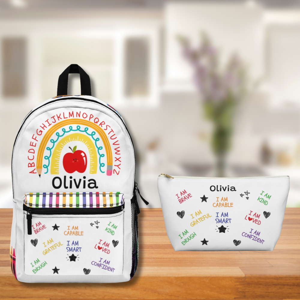 Personalized Kids Affirmation Pencil Rainbow Backpack Lunch Box Pencil Pouch Bundle