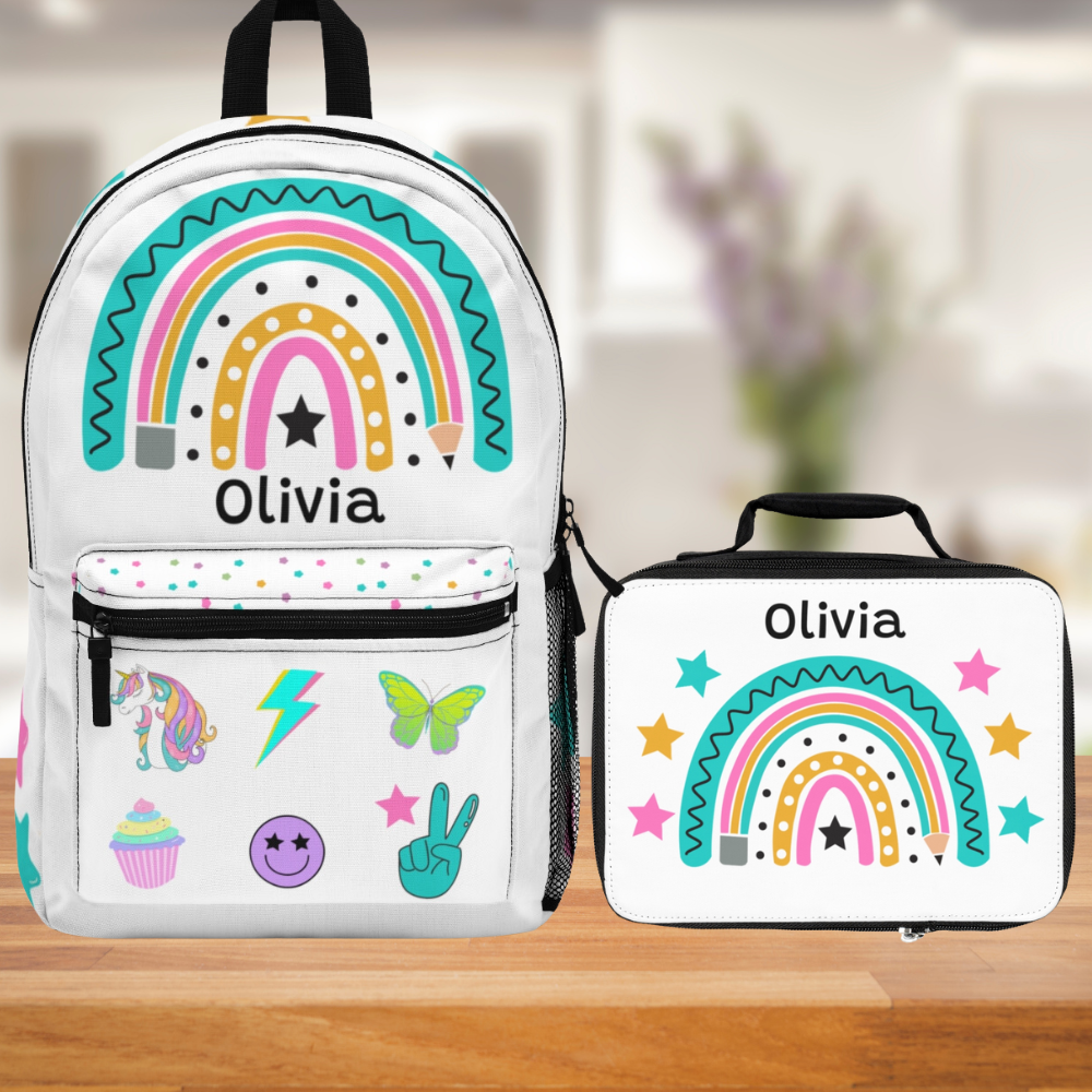 Personalized Kids Star Rainbow Backpack Lunch Box Pencil Pouch Bundle