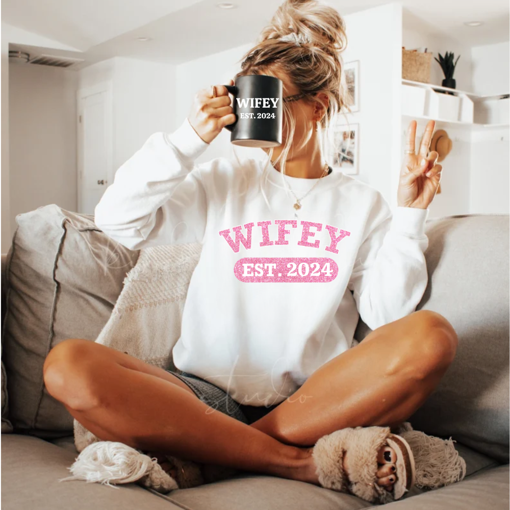 Personalized Wifey Crewneck Sweatshirt - Pink Glitter Edition